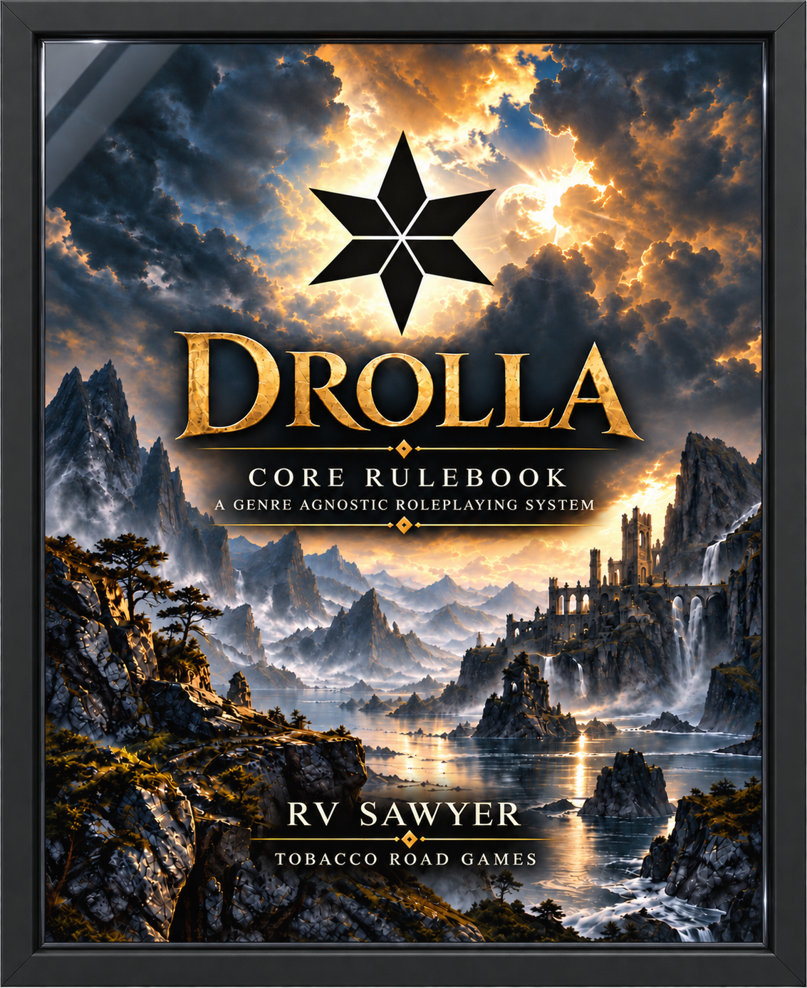 Framed Drolla Core Rulebook artwork on the shelf back wall
