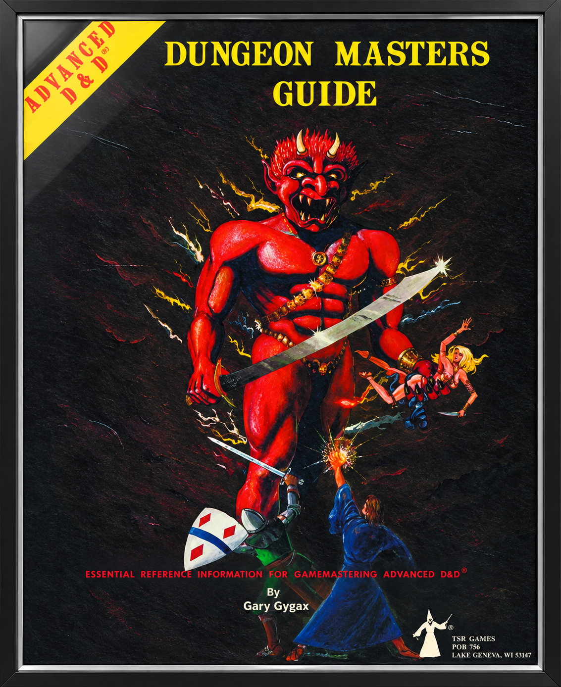 Framed Dungeon Masters Guide poster on the shelf back wall
