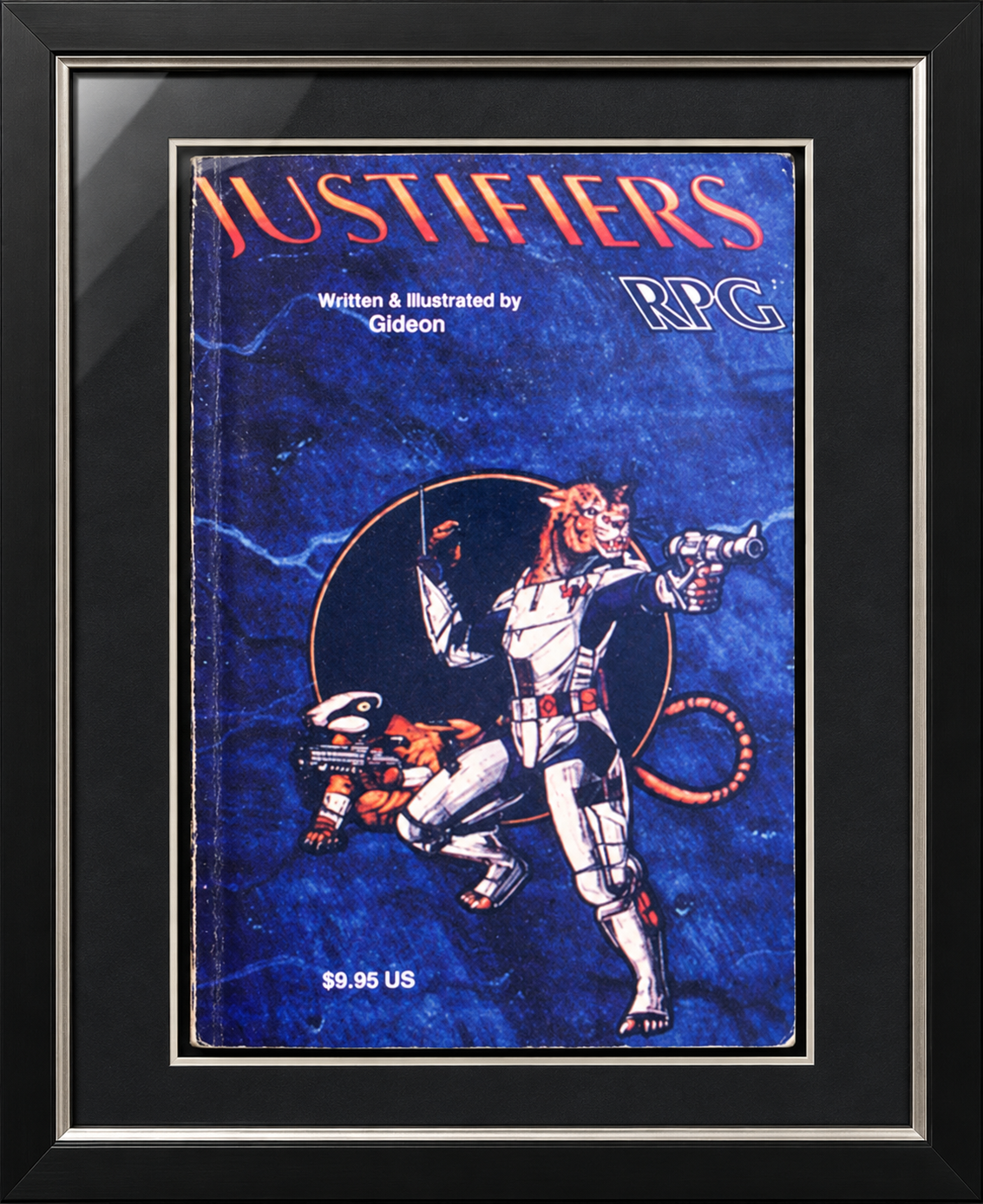 Framed Justifiers RPG cover on the shelf back wall