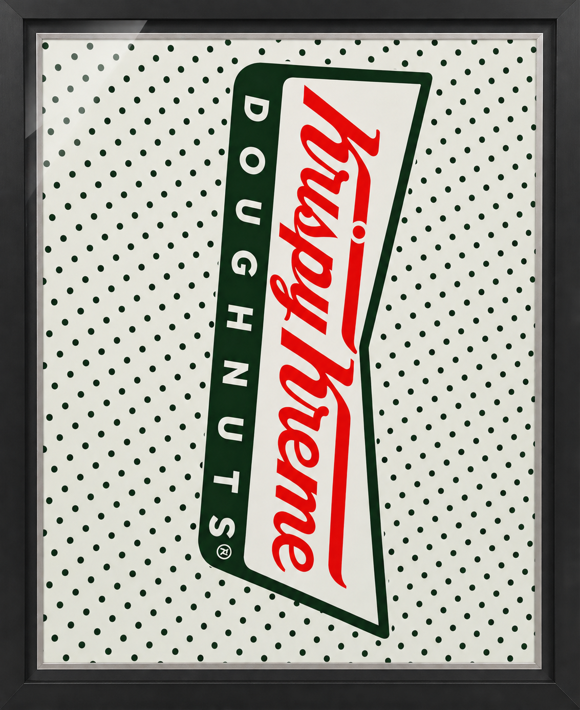 Framed Krispy Kreme Doughnuts sign on the shelf back wall